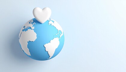 Fototapeta premium Symbolic globe and heart visual, clean white background, modern humanitarian symbolism, suitable for campaign presentation or poster