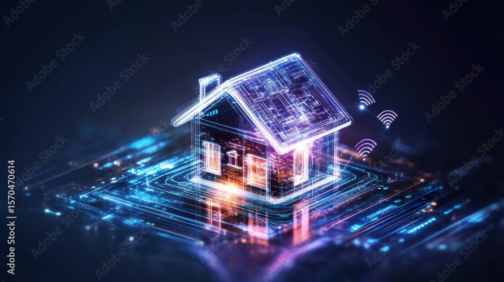 Poster digital rendering of a futuristic house with wifi connectivity symbols
