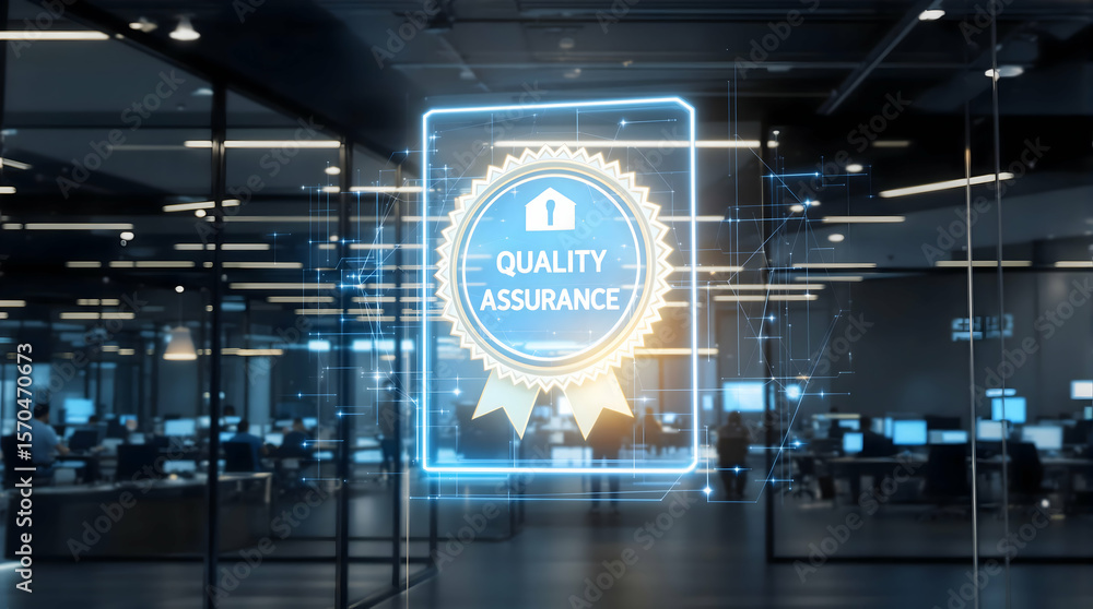 Poster digital quality assurance badge appearing in an office setting with blurred people and workstations 
