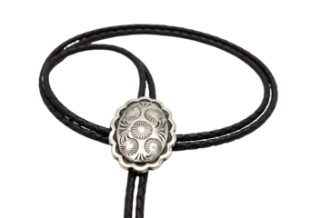 Black Braided Leather Bolo Tie with Silver Ornamental Clasp