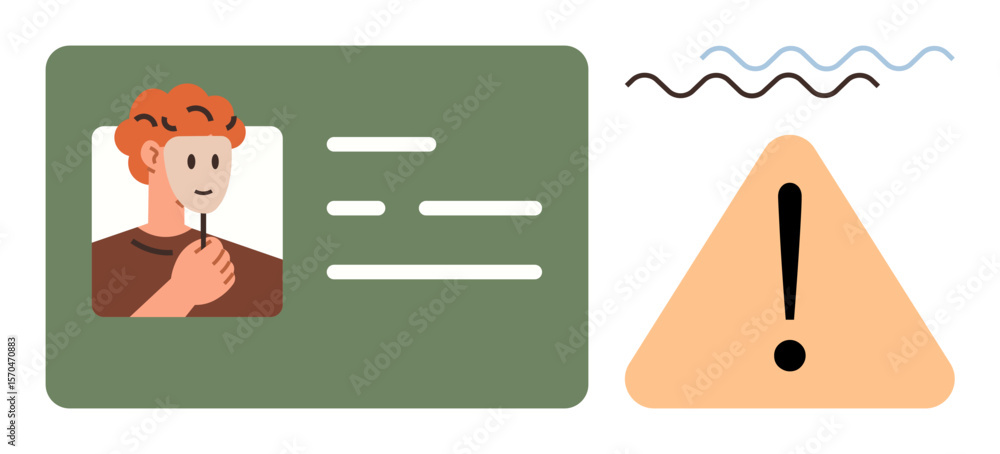 Poster identity card with user photo and details next to caution triangle and alert lines. ideal for securi