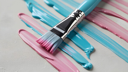 A captivating close-up of a well-used paintbrush, its soft synthetic bristles beautifully stained with both delicate pink and serene blue hues