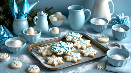 A beautifully composed winter baking scene in Dhaka, featuring a silver baking sheet laden with intricately decorated snowflake-shaped sugar cookies