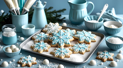 A delightful winter wonderland scene showcasing an array of beautifully decorated snowflake cookies