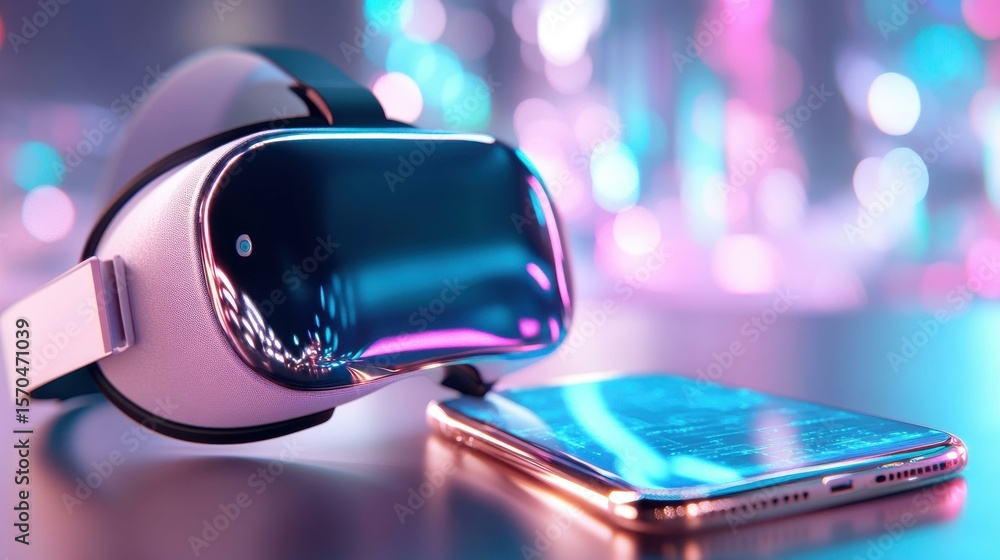 Poster vr headset and smartphone displaying data in futuristic studio
