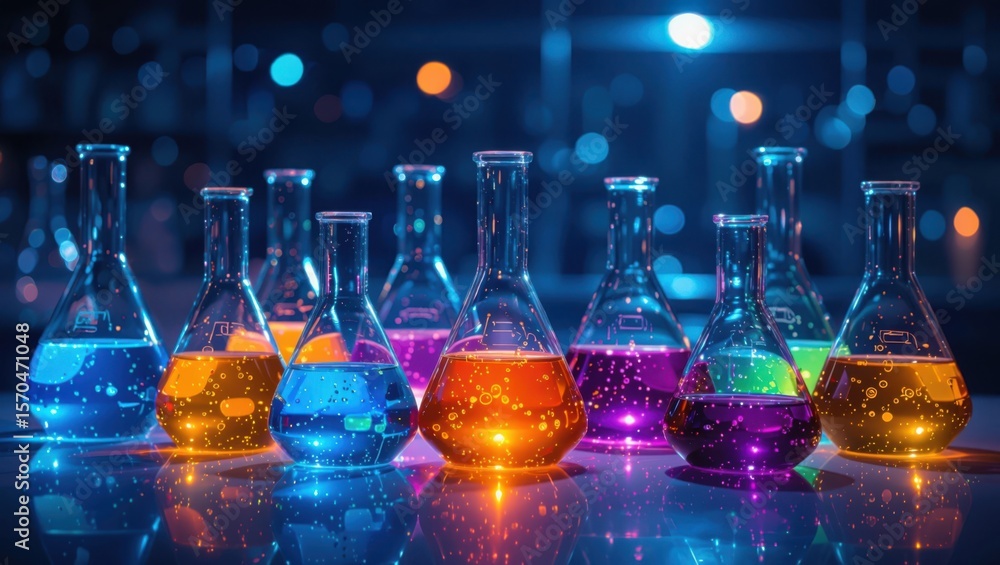 Poster vibrant flasks filled with colorful liquids glow under neon lights in a modern laboratory setting