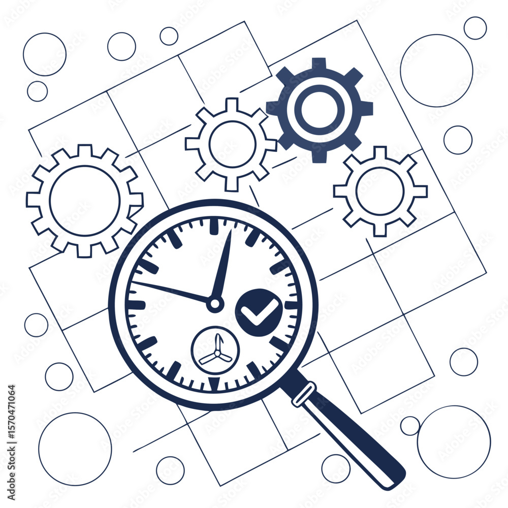Poster a clock with a check mark and fan inside, gears, a magnifying glass, and circles on a grid backgroun