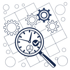 A clock with a check mark and fan inside, gears, a magnifying glass, and circles on a grid background