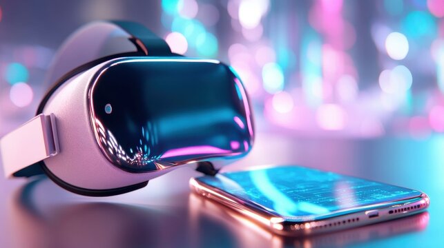 VR headset and smartphone displaying data in futuristic studio