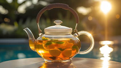 A sun-drenched scene in Dhaka capturing a clear glass teapot filled with vibrant golden tea, infused with slices of fresh lemon and sprigs of mint