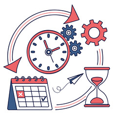 Illustration of time management elements including clock calendar gears hourglass and paper airplane