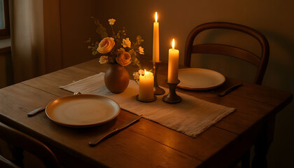 Romantic Dinner Setting with Candles and Flowers