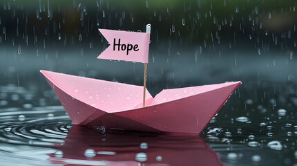 Amidst a gentle downpour, a small, hand-folded pink paper boat with a delicate pink flag proudly displaying the handwritten word Hope in elegant black script