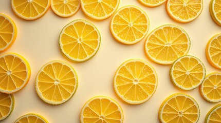 Overhead view of fresh sliced lemons arranged on a light yellow background