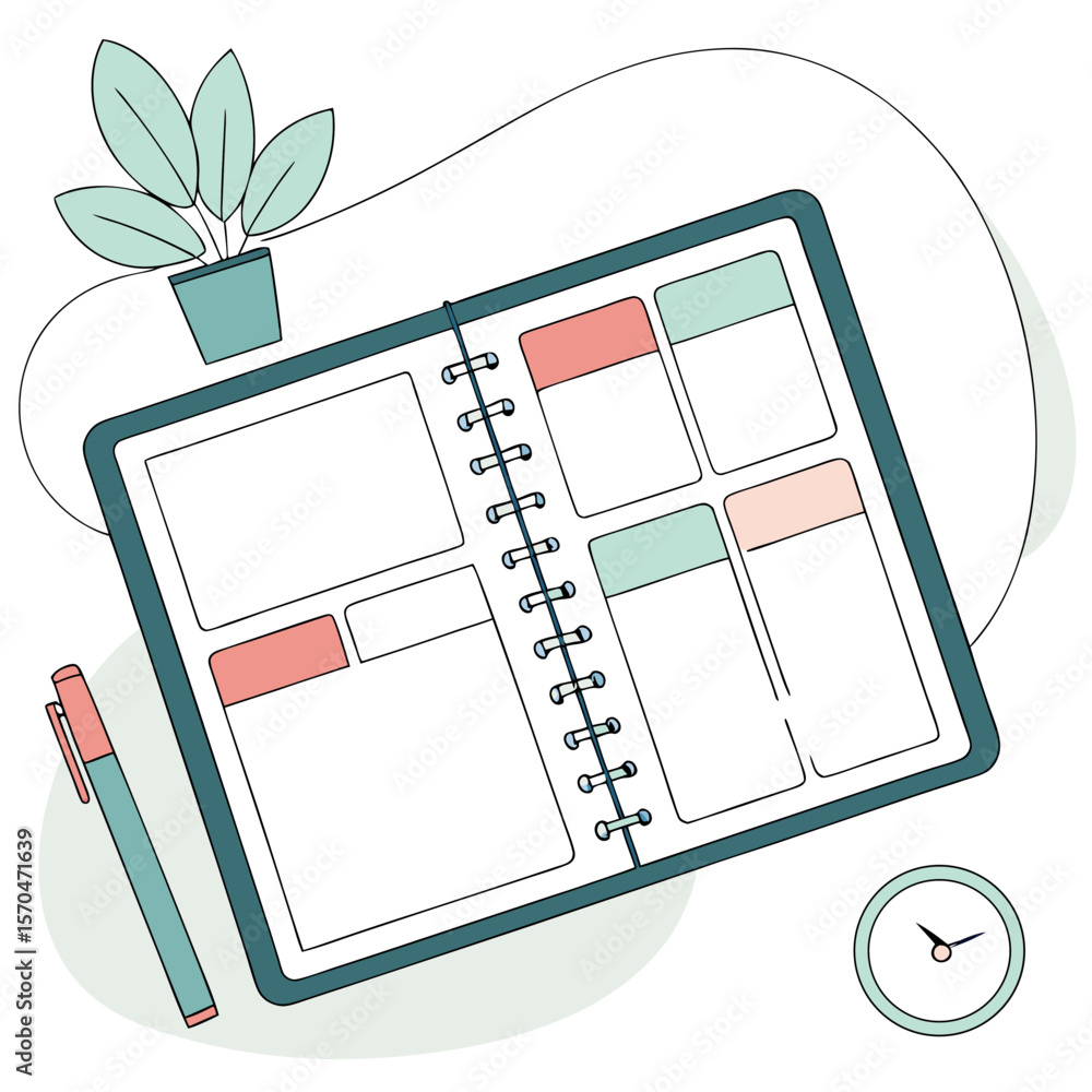 Poster open notebook with blank pages and colored sections next to a pen plant and clock on a white surface