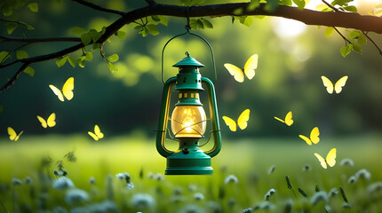 In a softly lit Dhaka garden at dusk, a vibrant green vintage lantern, emanating a warm, inviting glow