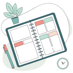 Open notebook with blank pages and colored sections next to a pen plant and clock on a white surface