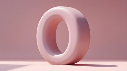 In a study of soft, rosy hues, a smoothly sculpted, three-dimensional letter O or a substantial ring-like form stands prominently on a matching light pink plane