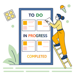 Woman on ladder updating a to do in progress completed board with sticky notes and checklist illustration