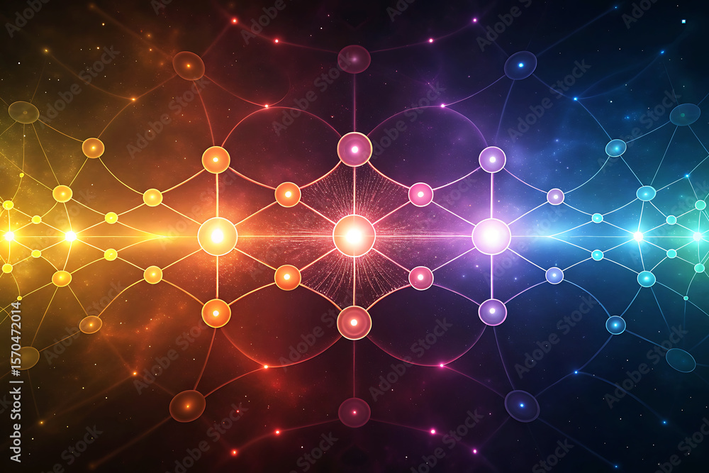 Poster abstract glowing network of interconnected nodes and lines in a cosmic nebula