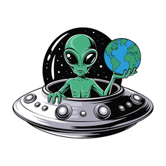 Green alien inside a UFO with Earth, playful cosmic exploration and space adventure. Vector illustration design © DesignIMT