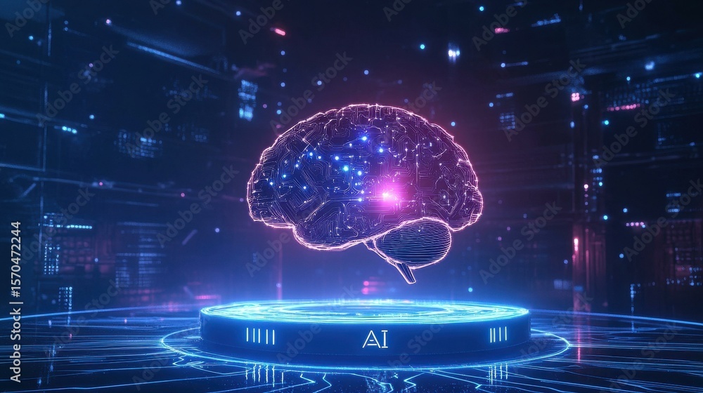 Fototapete digital brain with glowing circuits in abstract setting at night