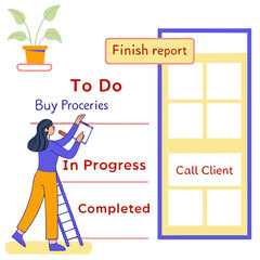 Illustration of a woman with a to do list, a ladder, a plant and a phone with tasks on the screen