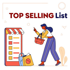 A woman with a basket looking at a phone with a list next to shopping bags and the text top selling list