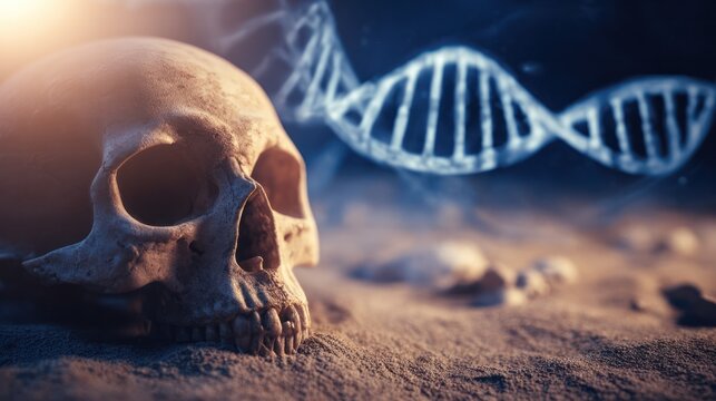 Ancient skull fragment with DNA strands, revealing clues to human evolution