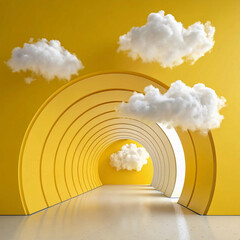 Surreal Escape: White Clouds Emerging from a Yellow Tunnel