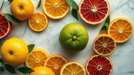 Overhead view of various citrus fruits, including oranges and blood oranges, on marble