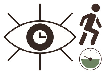 Eye with clock symbolizes attention to time, figure represents action, small clock indicates efficiency. Ideal for motivation, planning, focus, workflow, goals, productivity simple flat metaphor
