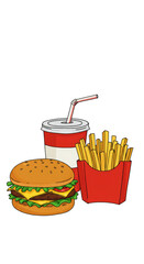Cartoon Fast Food Burger Fries Soda Illustration on Transparent