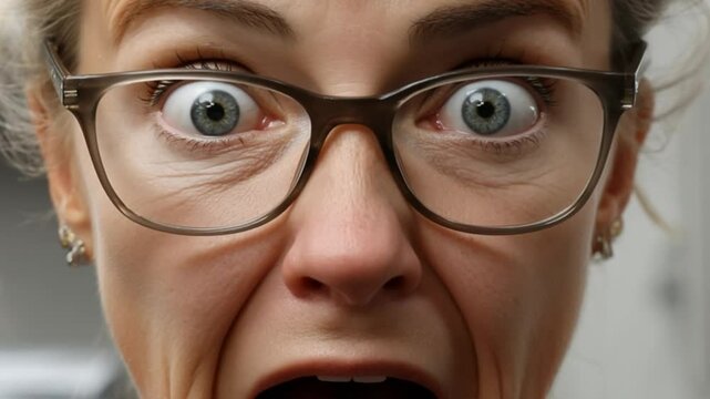 Intense Surprise: A close-up shot of a woman's face captures the raw emotion of shock and disbelief. Her eyes widen dramatically, revealing a sense of fear or amazement.