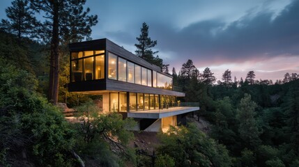 A modern hillside home with a cantilevered design panoramic windows perched above a dense forest captured during twilight
