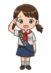 Cartoon Girl Scout Saluting in Uniform Happy Young Illustration