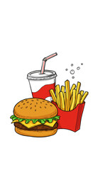 Cartoon Hamburger Fries Soda Illustration Fast Food Meal Lunch Design