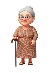Cartoon Grandmother Character with Cane Transparent Background