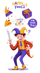 Cartoon Jester Celebrates April Fools with Gifts Confetti and Humor