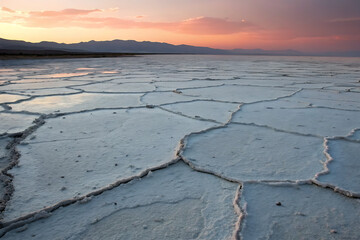 Obraz premium Cracked salt flats reflecting a pink and orange sunset sky over distant mountains
