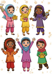 Cartoon Kids Illustration Girls in Hijab Celebrate Eid with Gifts
