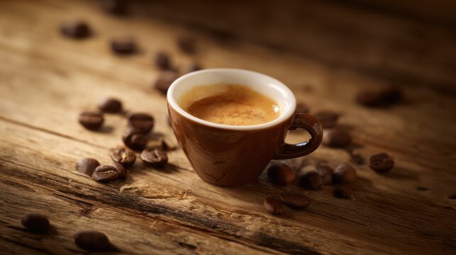 Fresh espresso cup with coffee beans on a wooden table - the essence of rich coffee moments