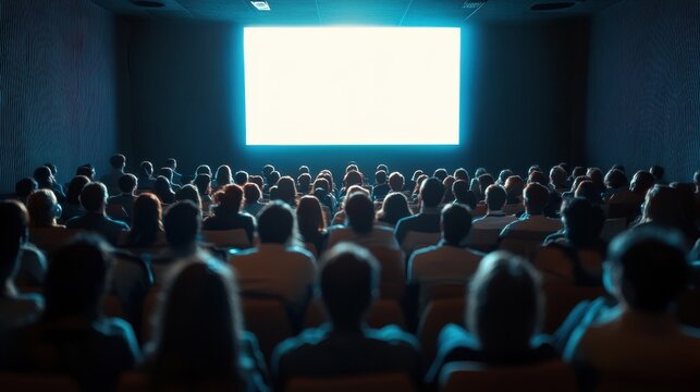 Diverse audience watching movie in dark theater at night