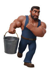 Cartoon Muscular Man Holding Bucket Transparent Background Illustration