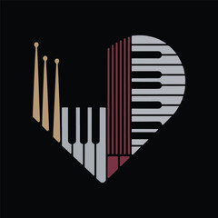 Musical heart made from piano keys and drumsticks, representing rhythm and love for music in creative style. Vector illustration.

