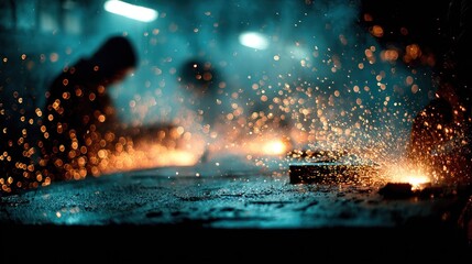 Steelwork fabrication inside modern workshop, tools, sparks, and grit in view