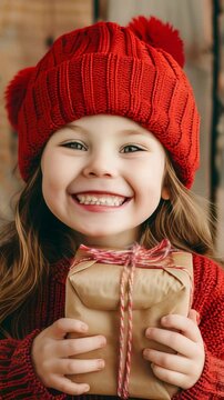 A smiling child in a red hat and sweater holds a small, wrapped gift with a string tied around it, against a rustic wooden background.