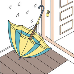 A cartoon image showing a yellow and blue umbrella leaning against a closed door with raindrops falling