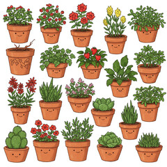 Cartoon Potted Plants Illustration Transparent Background Cute Decorative