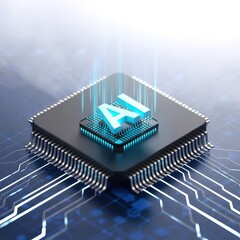 Ai chip with glowing blue lines and text